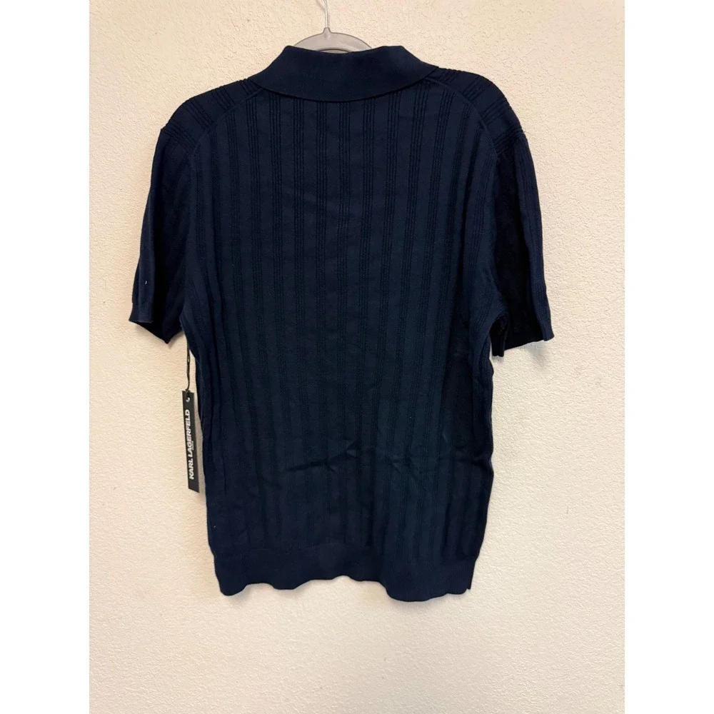 Karl Lagerfeld Paris Mens Navy Blue Ribbed Knit Polo Shirt Short Sleeve Large